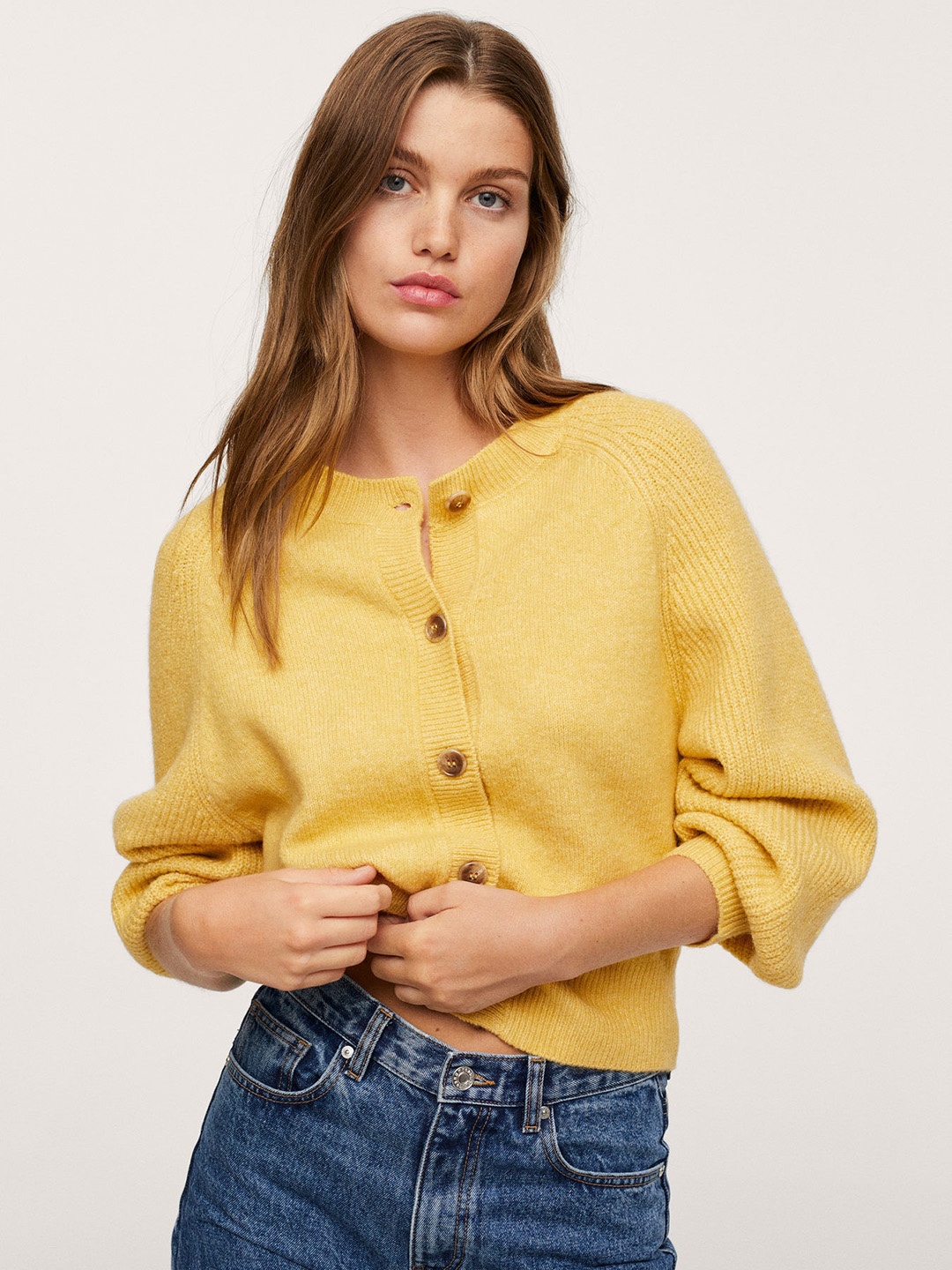 

MANGO Women Yellow Solid Cardigan