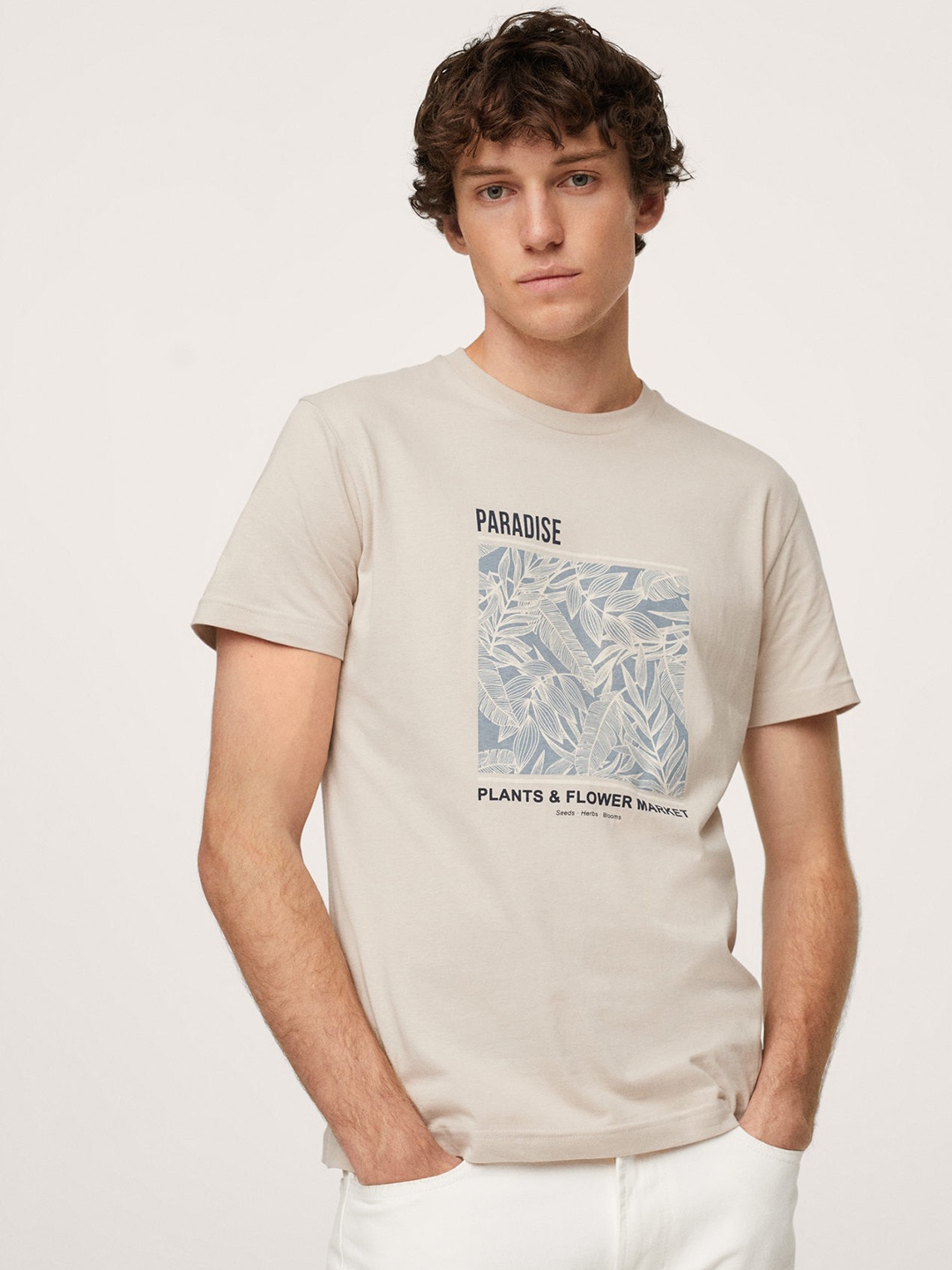 

MANGO MAN Beige & Blue Leaf Print T-shirt