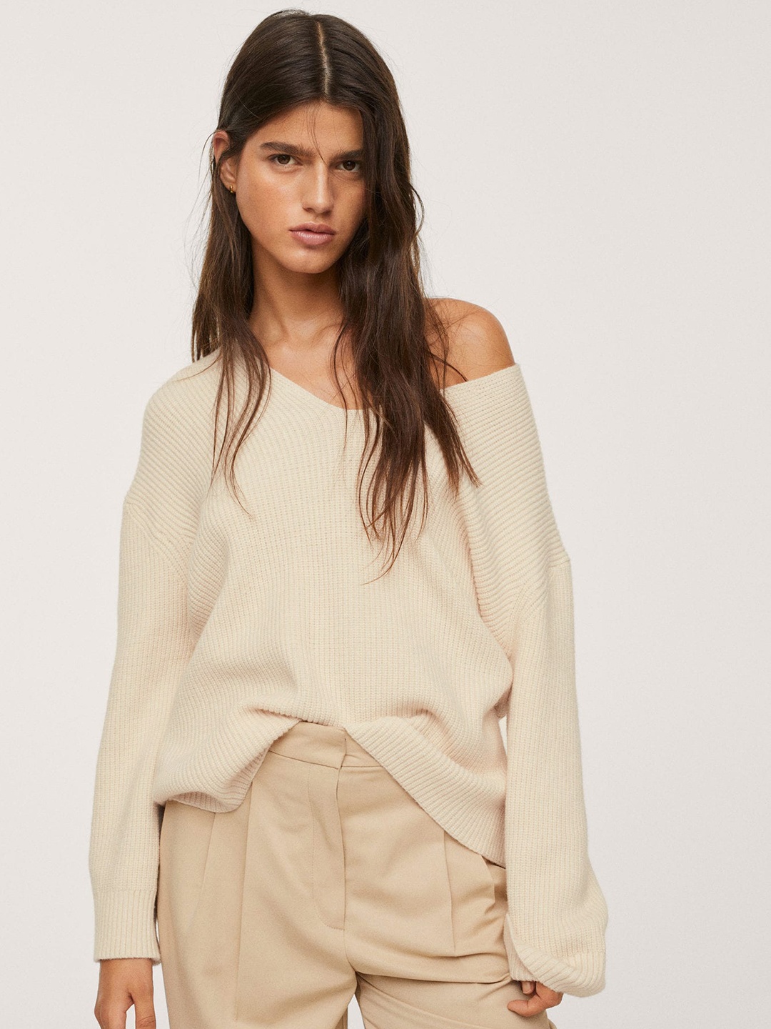

MANGO Women Cream-Coloured Self Striped Sweater Pullover
