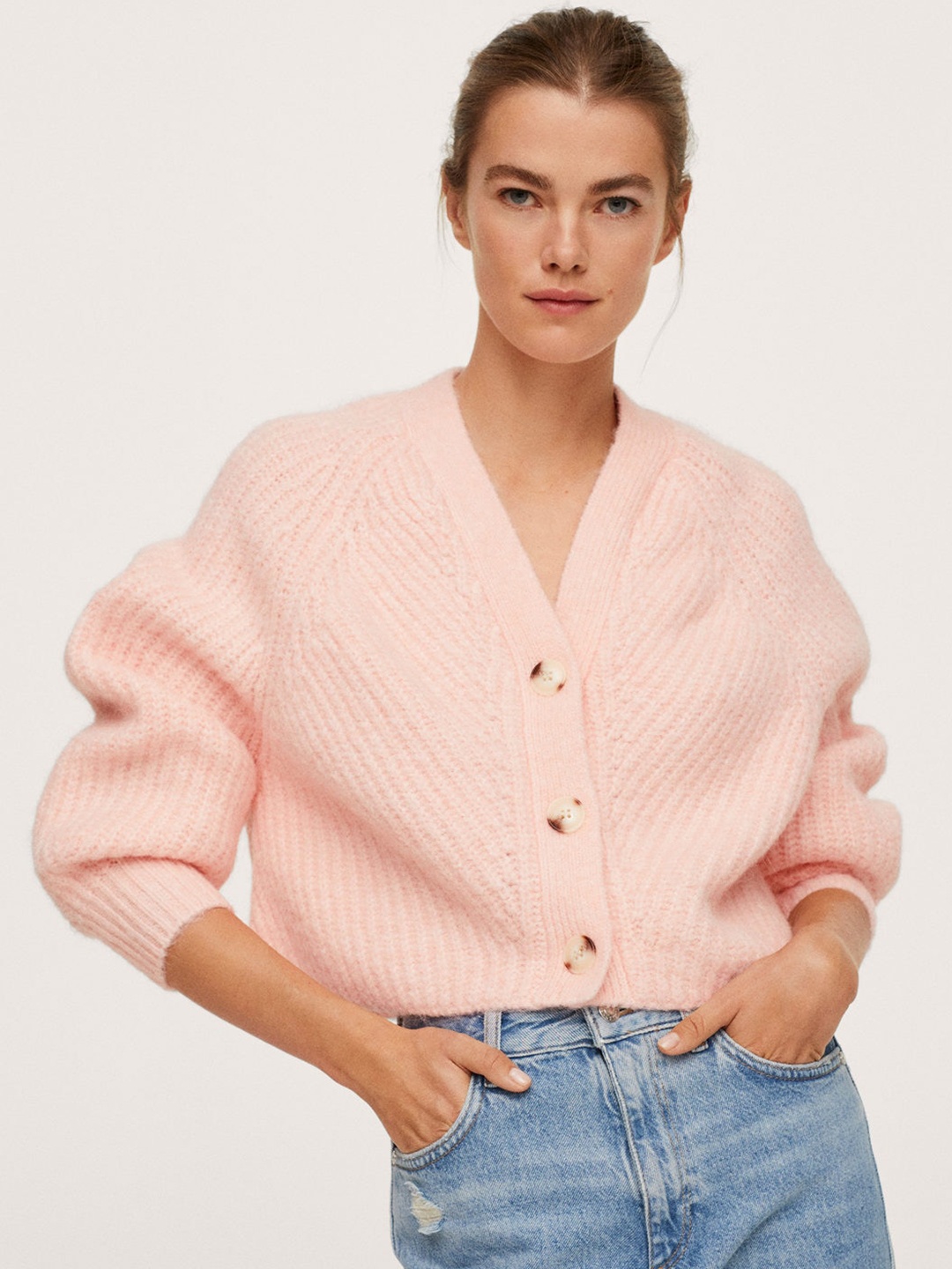 

MANGO Women Pink Cropped Cardigan