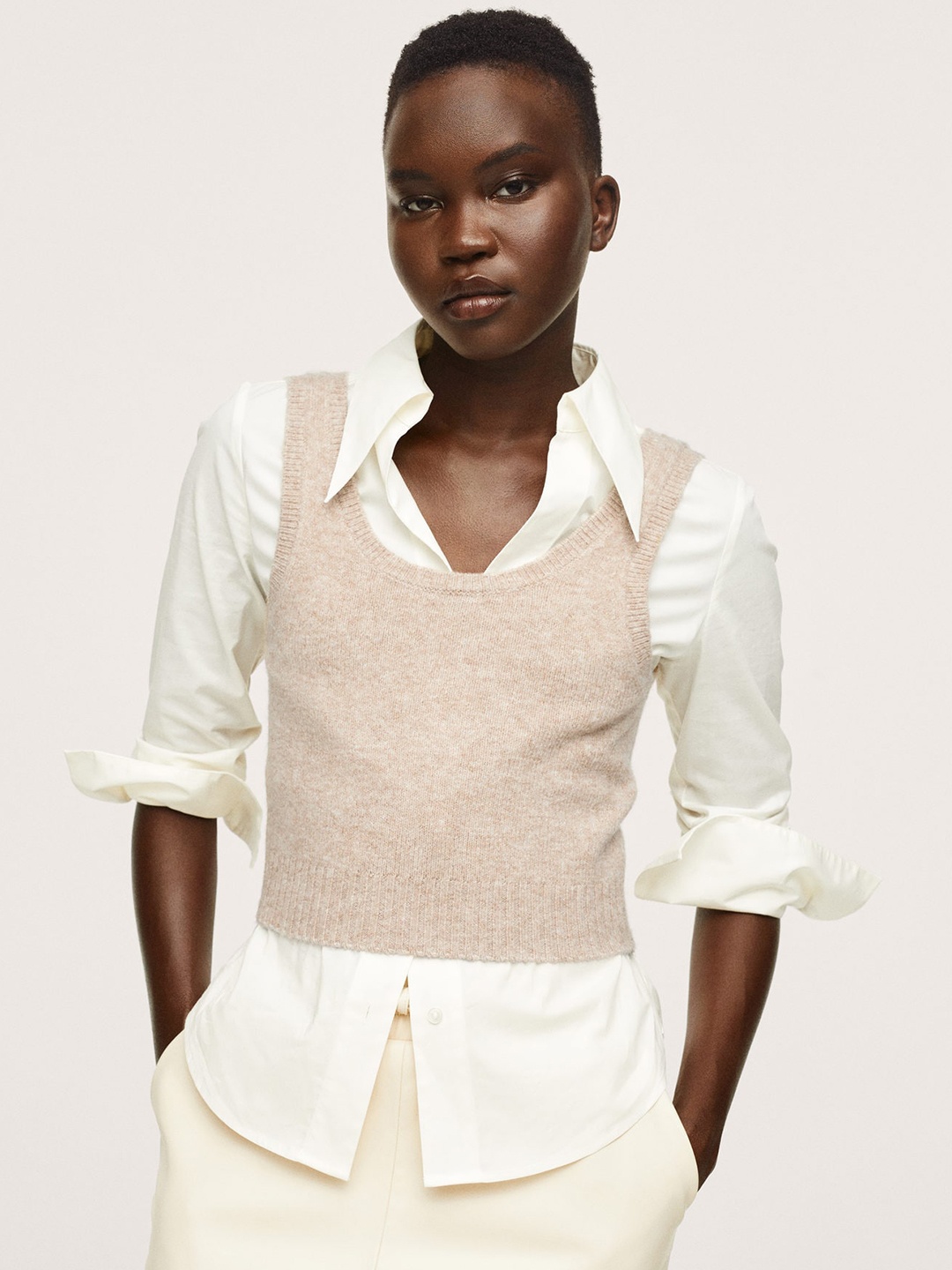 

MANGO Women Beige Crop Sweater Vest