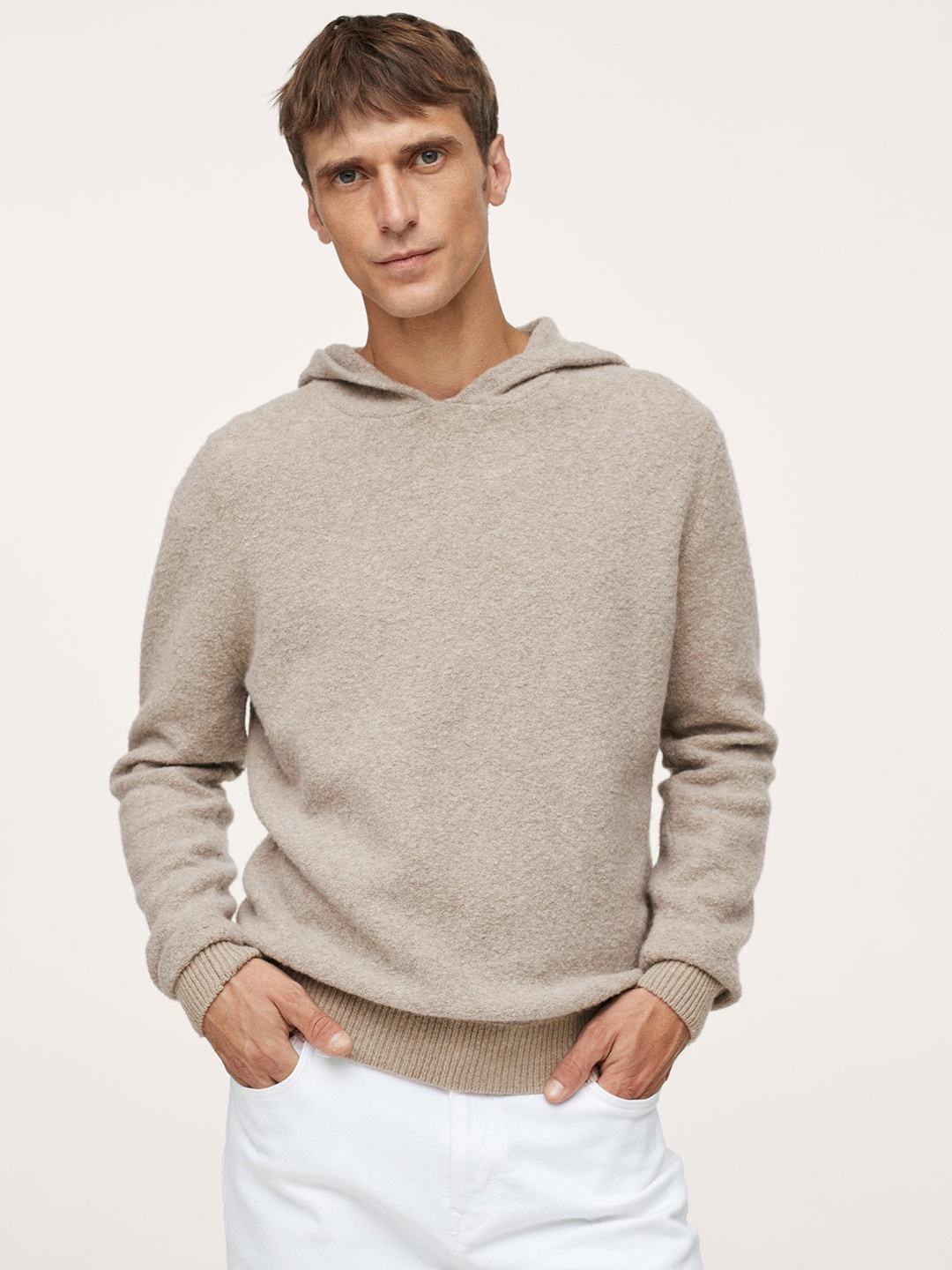 

MANGO MAN Taupe Boucle Knit Solid Hooded Pullover
