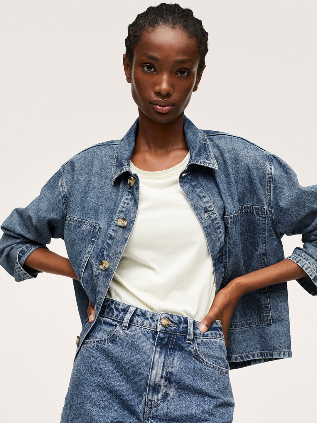 

MANGO Women Navy Blue Pure Cotton Solid Denim Shacket