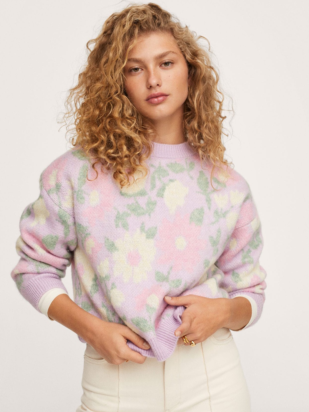 

MANGO Women Pink & Yellow Floral Patterned Pullover