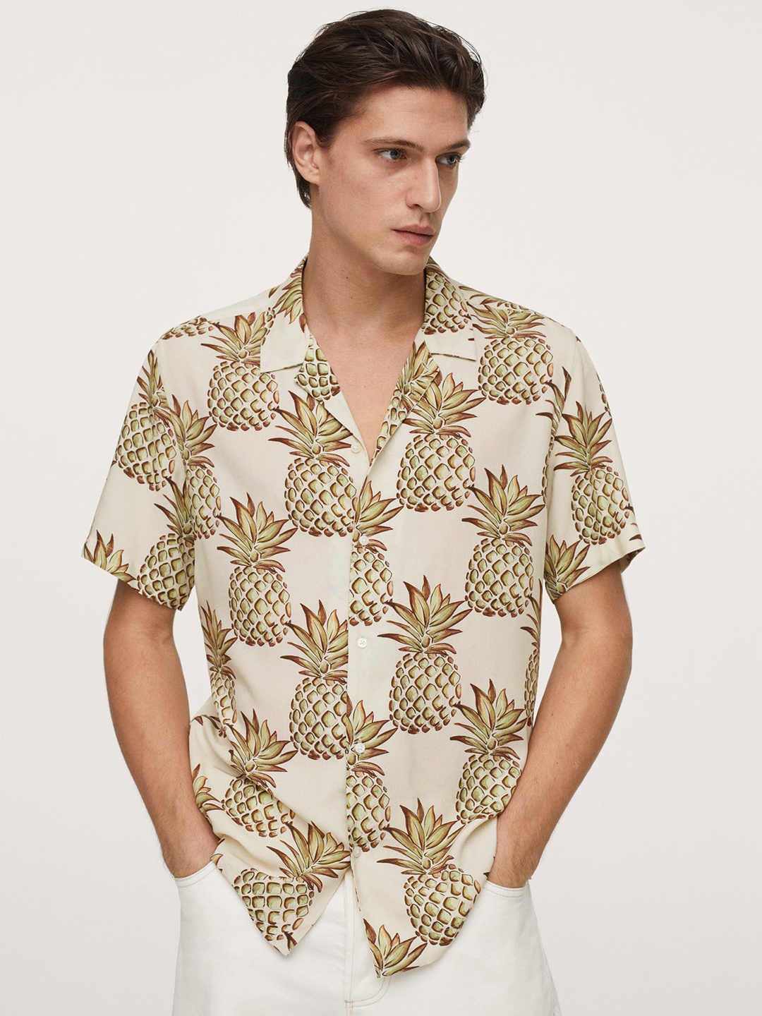 

MANGO MAN Off White & Green Tropical Printed Casual Shirt