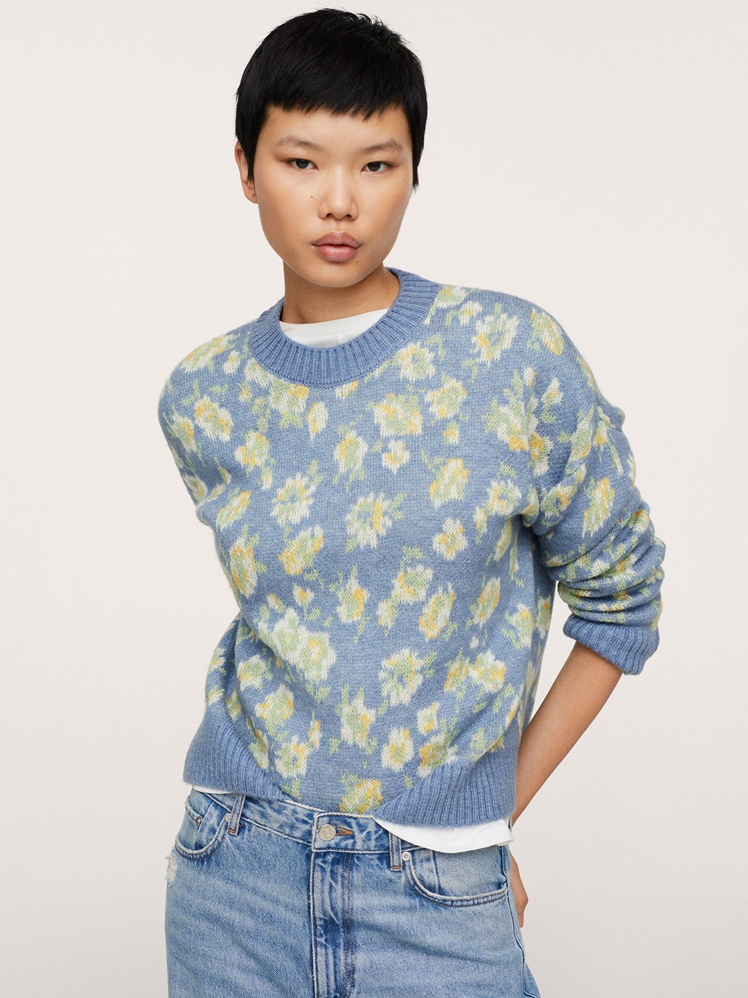 

MANGO Women Blue & Green Floral Patterned Pullover