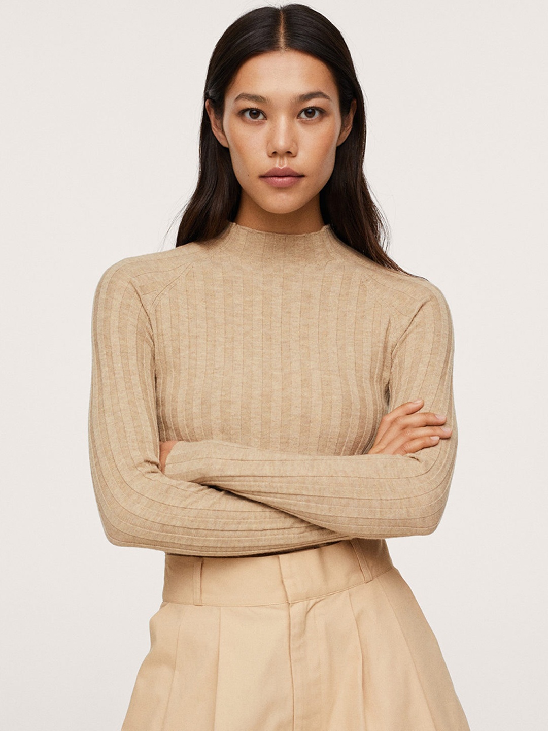 

MANGO Women Beige Ribbed Sweater