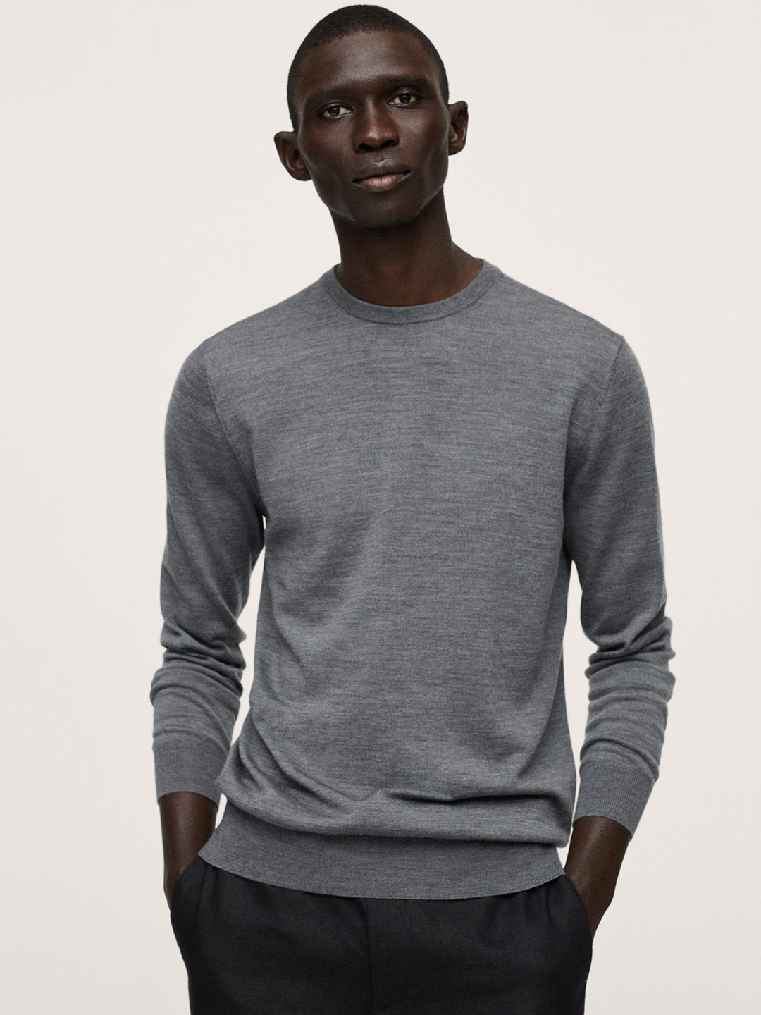 

MANGO MAN Grey Melange Pure Wool Solid Pullover