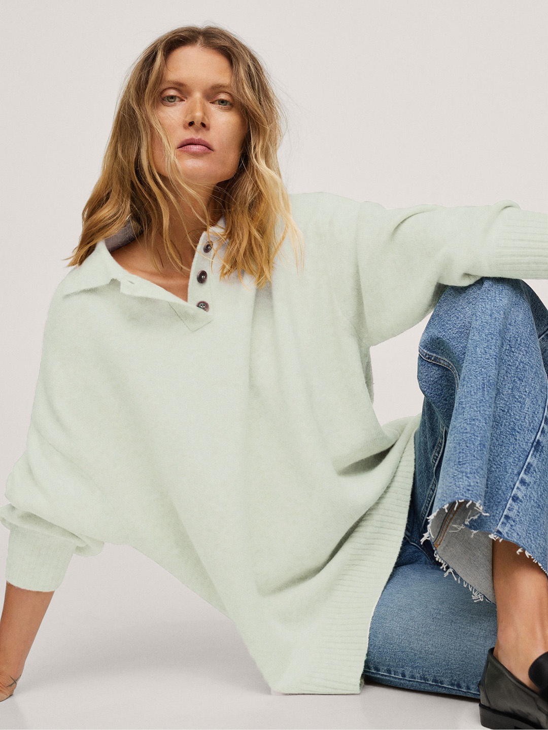 

MANGO Women Sea Green Solid Polo Collar Pullover Sweater