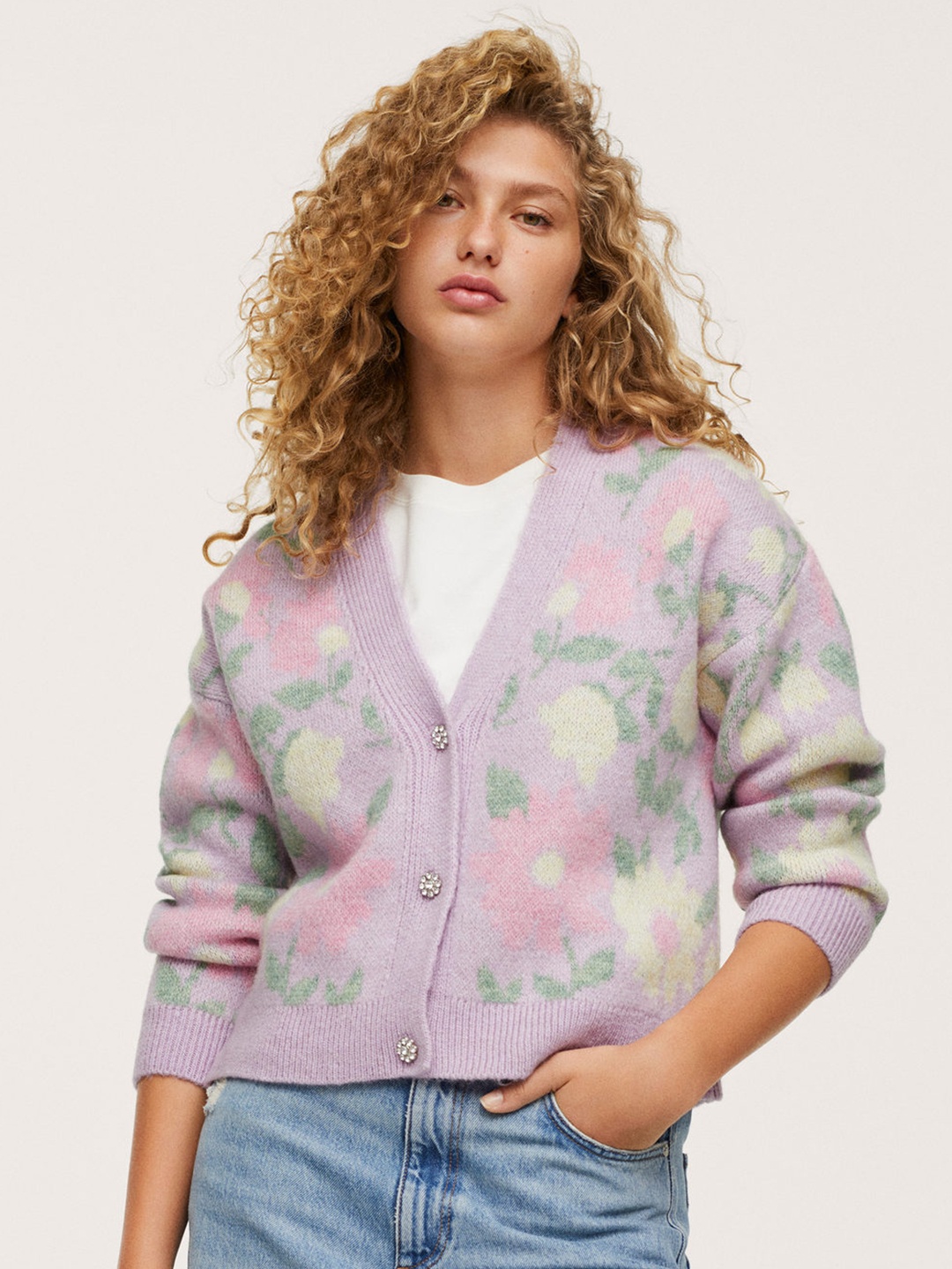 

MANGO Women Lavender & Green Floral Print Cardigan