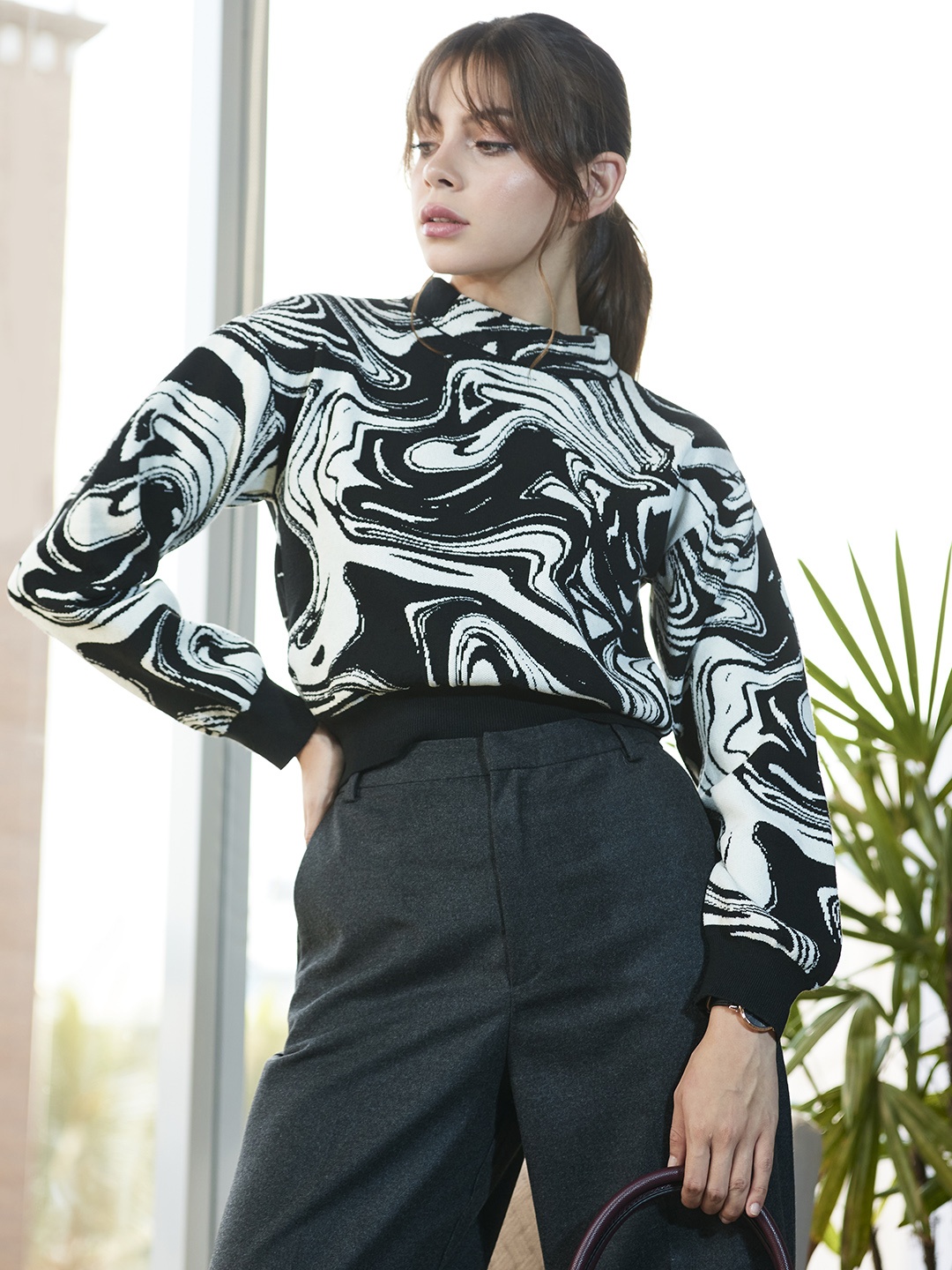 

MANGO Women Black & White Marbled Effect Jacquard Pullover