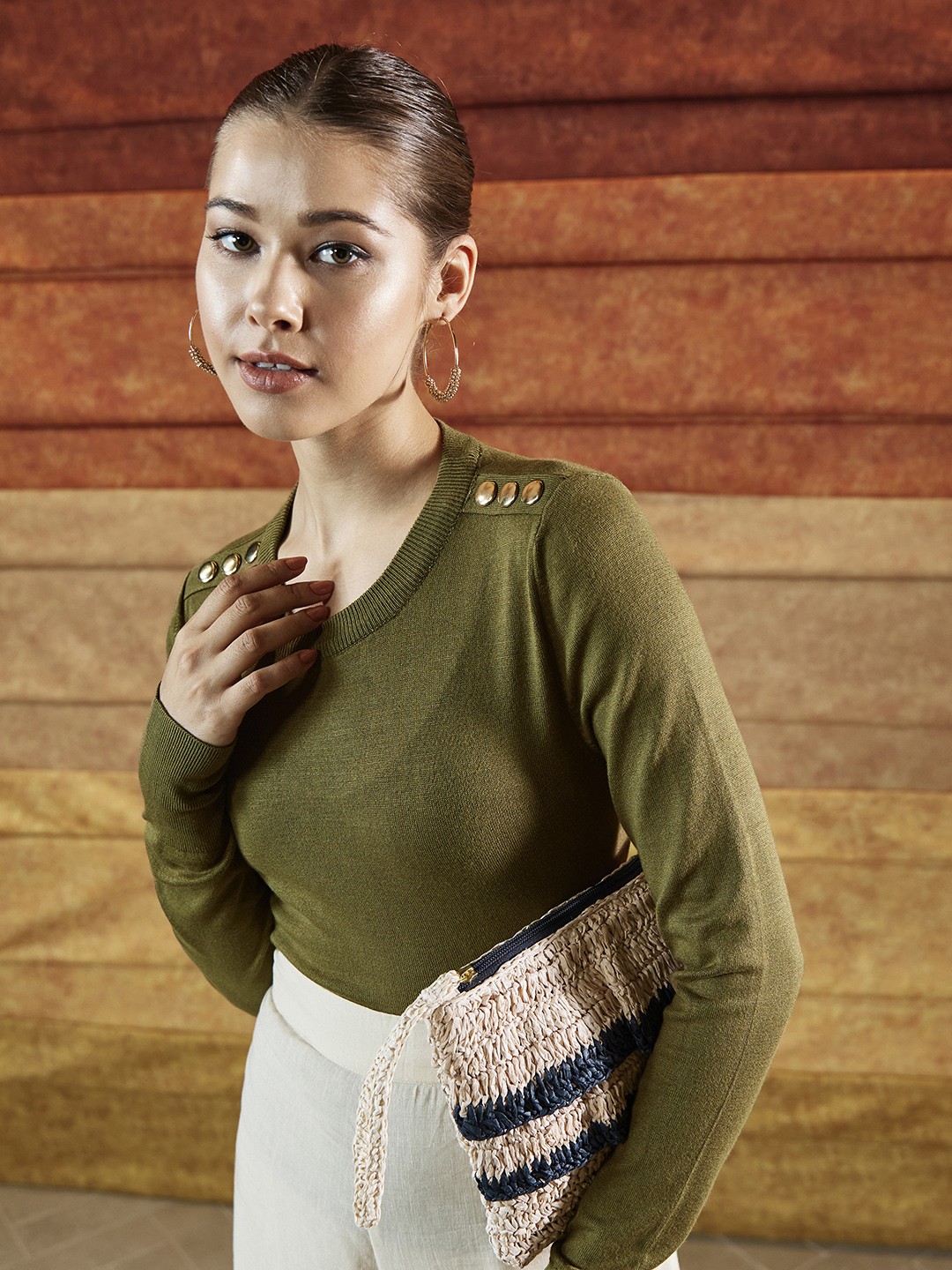 

MANGO Women Olive Green Solid Sweater