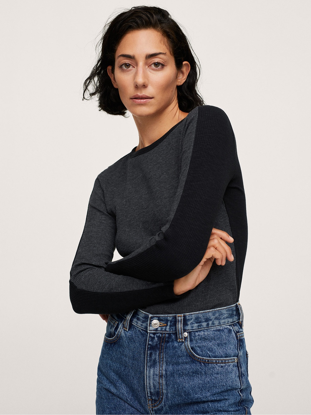 

MANGO Women Charcoal Grey & Black Solid T-shirt