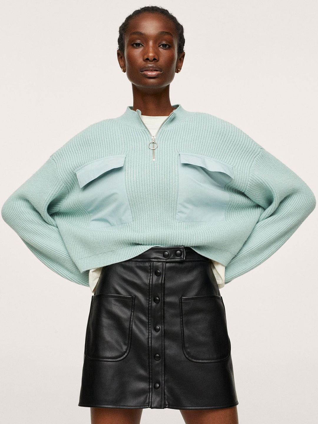 

MANGO Women Mint Green Solid Crop Sweater with Pockets