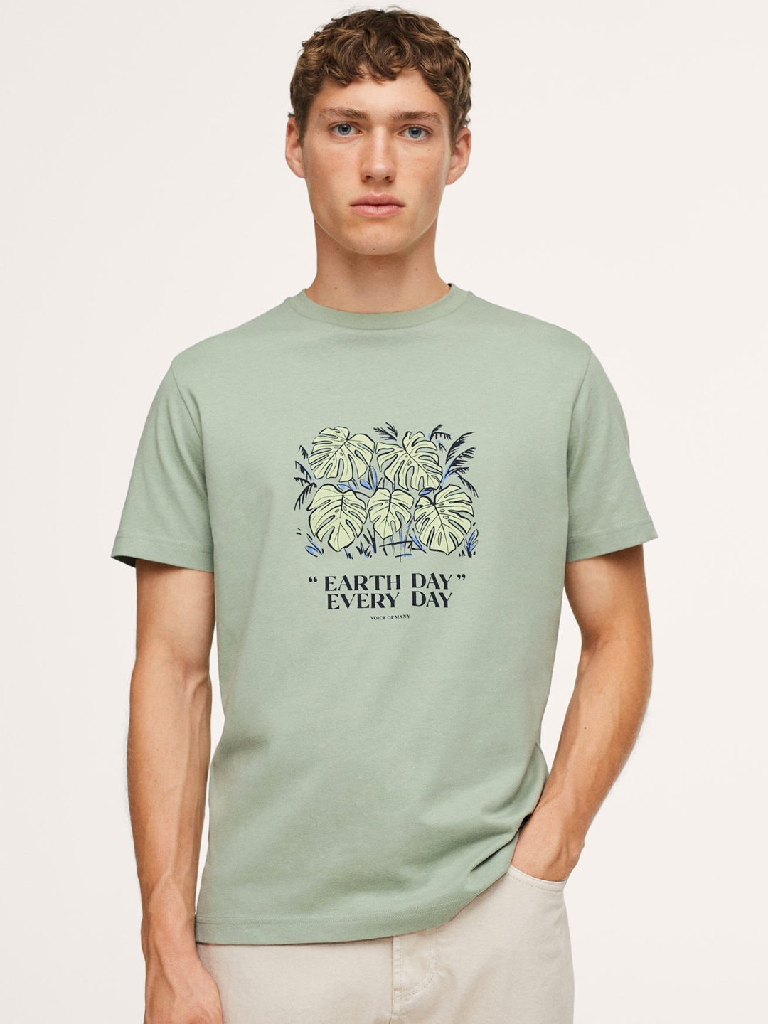 

MANGO MAN Green Pure Cotton Printed T-shirt