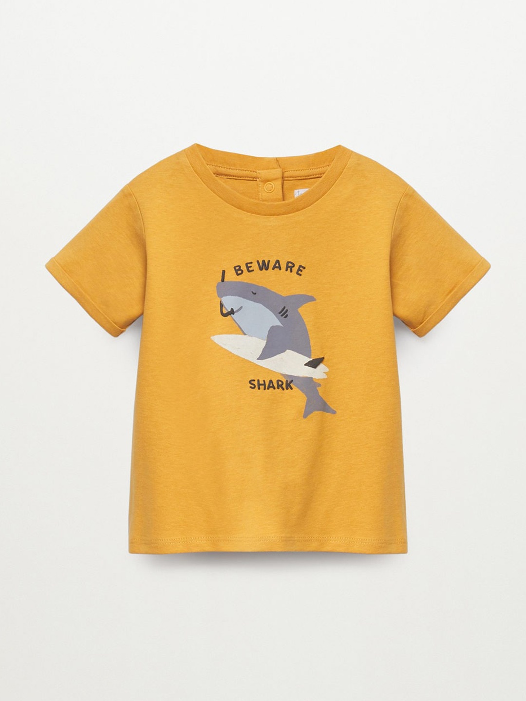 

Mango Kids Boys Mustard Yellow & Charcoal Grey Pure Cotton Shark Print T-shirt