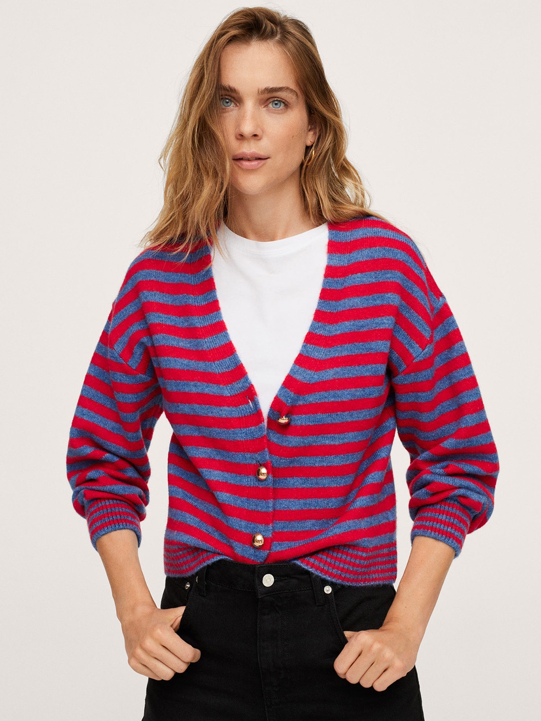

MANGO Women Red & Navy Blue Striped Cardigan