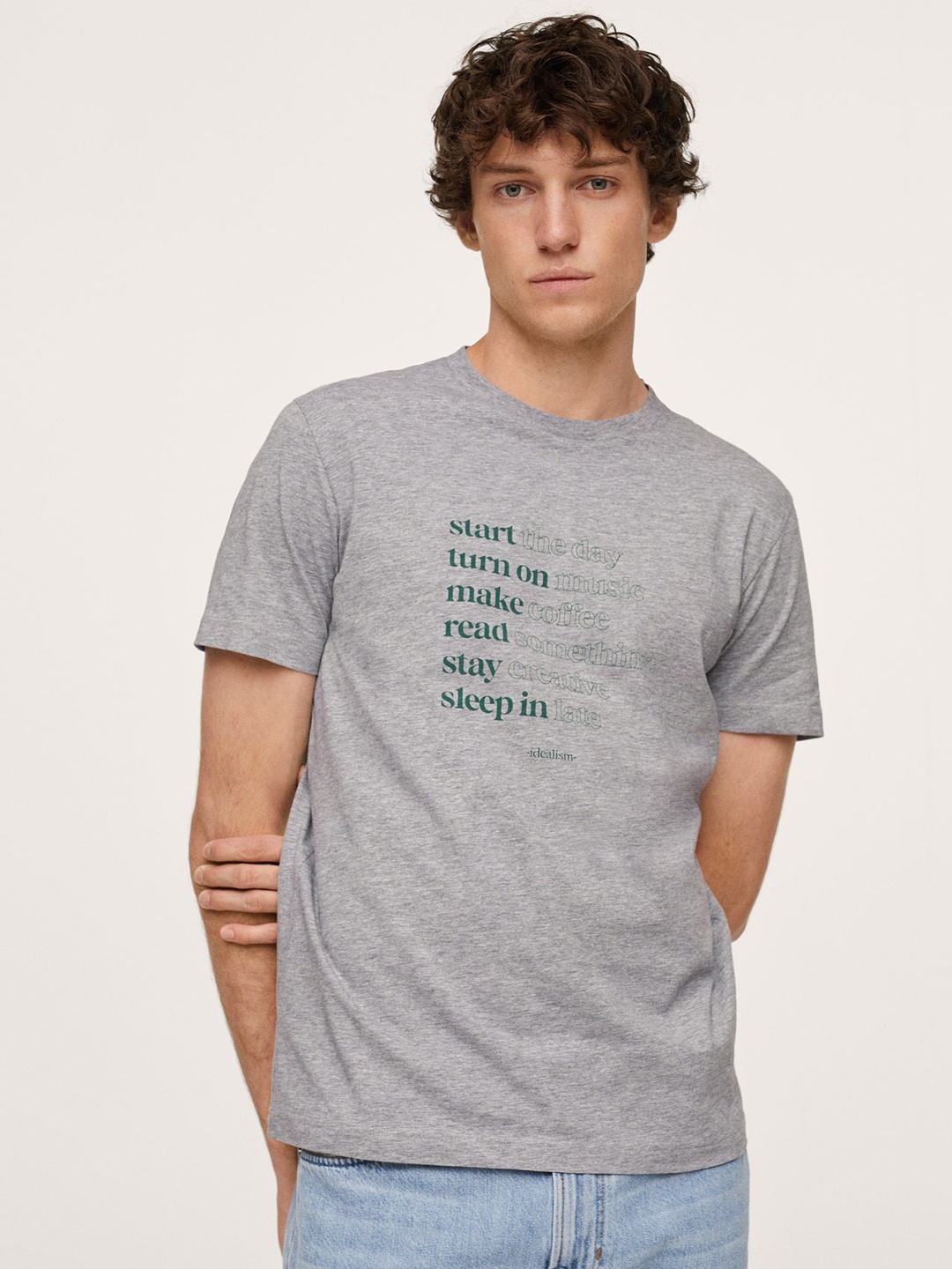 

MANGO MAN Grey Melange & Green Typography Printed T-shirt
