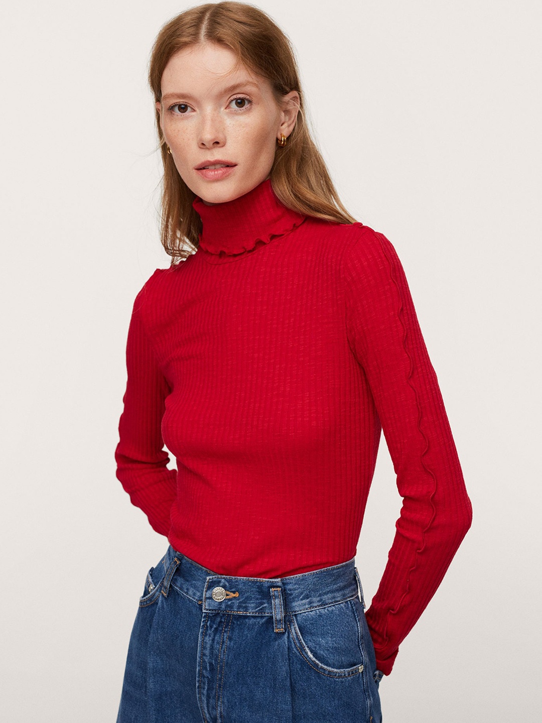 

MANGO Women Red Turtle Neck Ribbed T-shirt