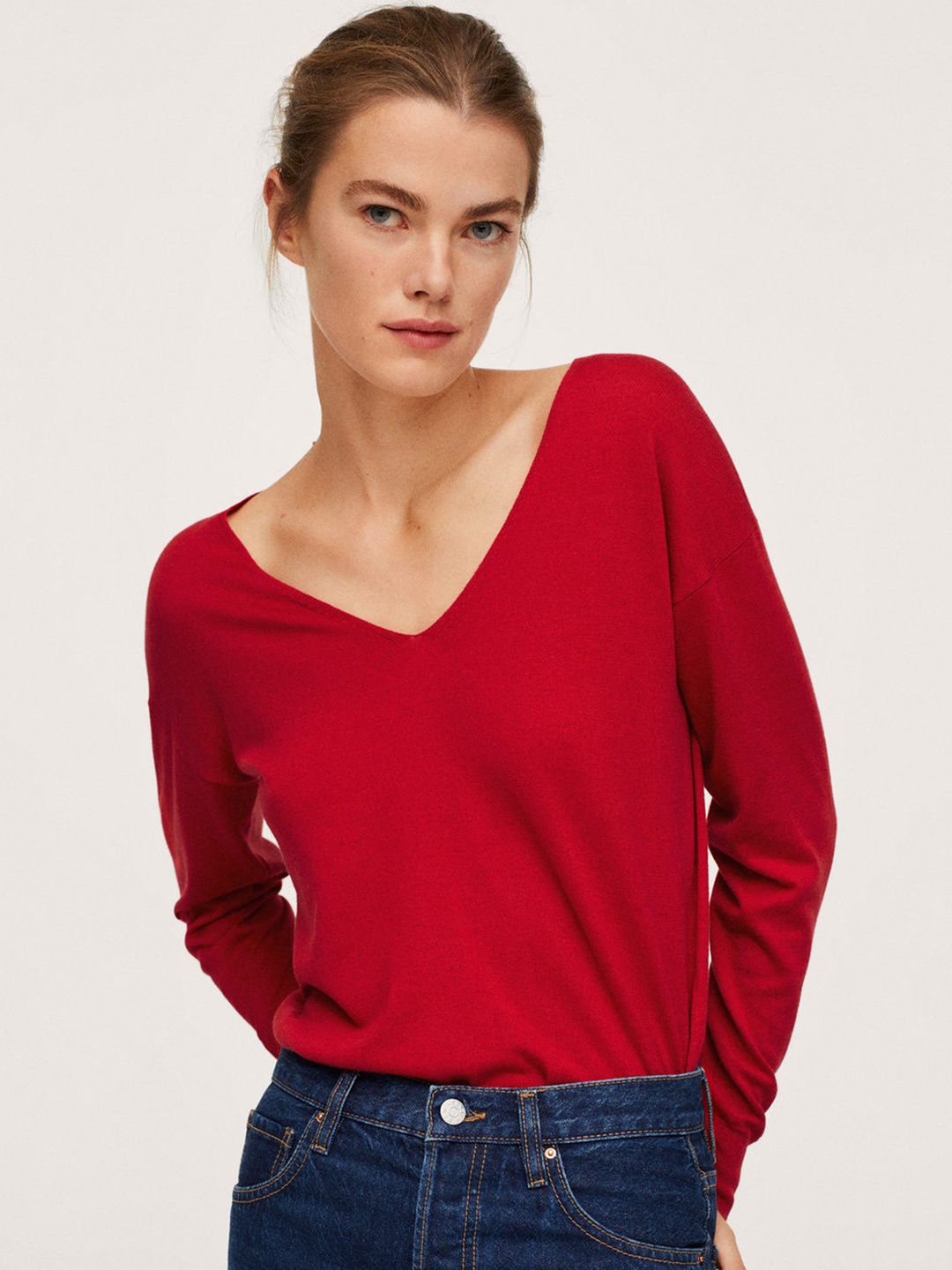 

MANGO Women Cherry Red Solid V-Neck Pullover