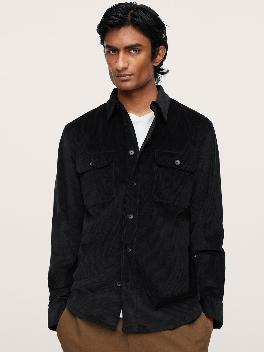 

MANGO MAN Black Corduroy Casual Shirt