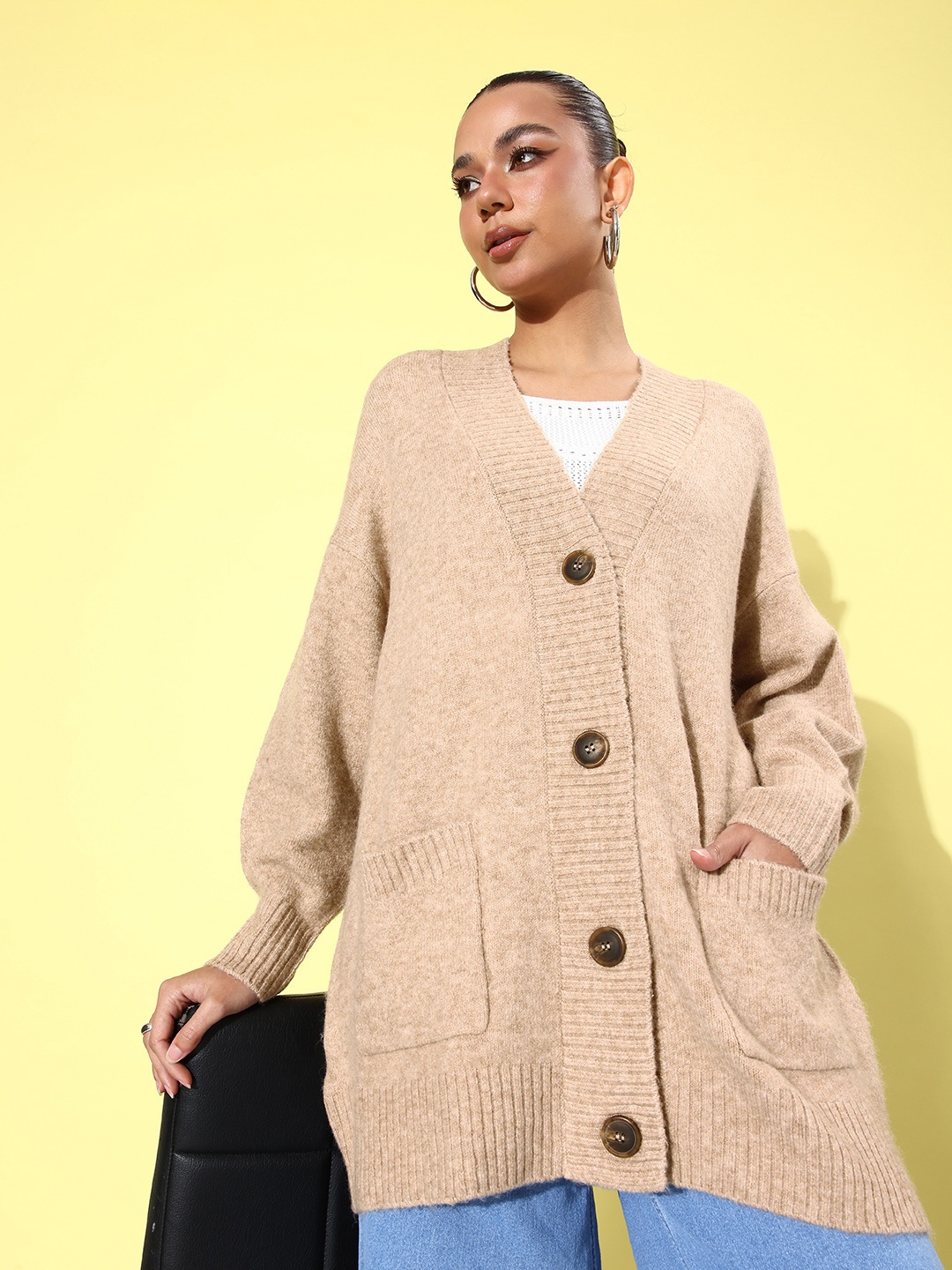 

MANGO Women Beige Solid Longline Cardigan