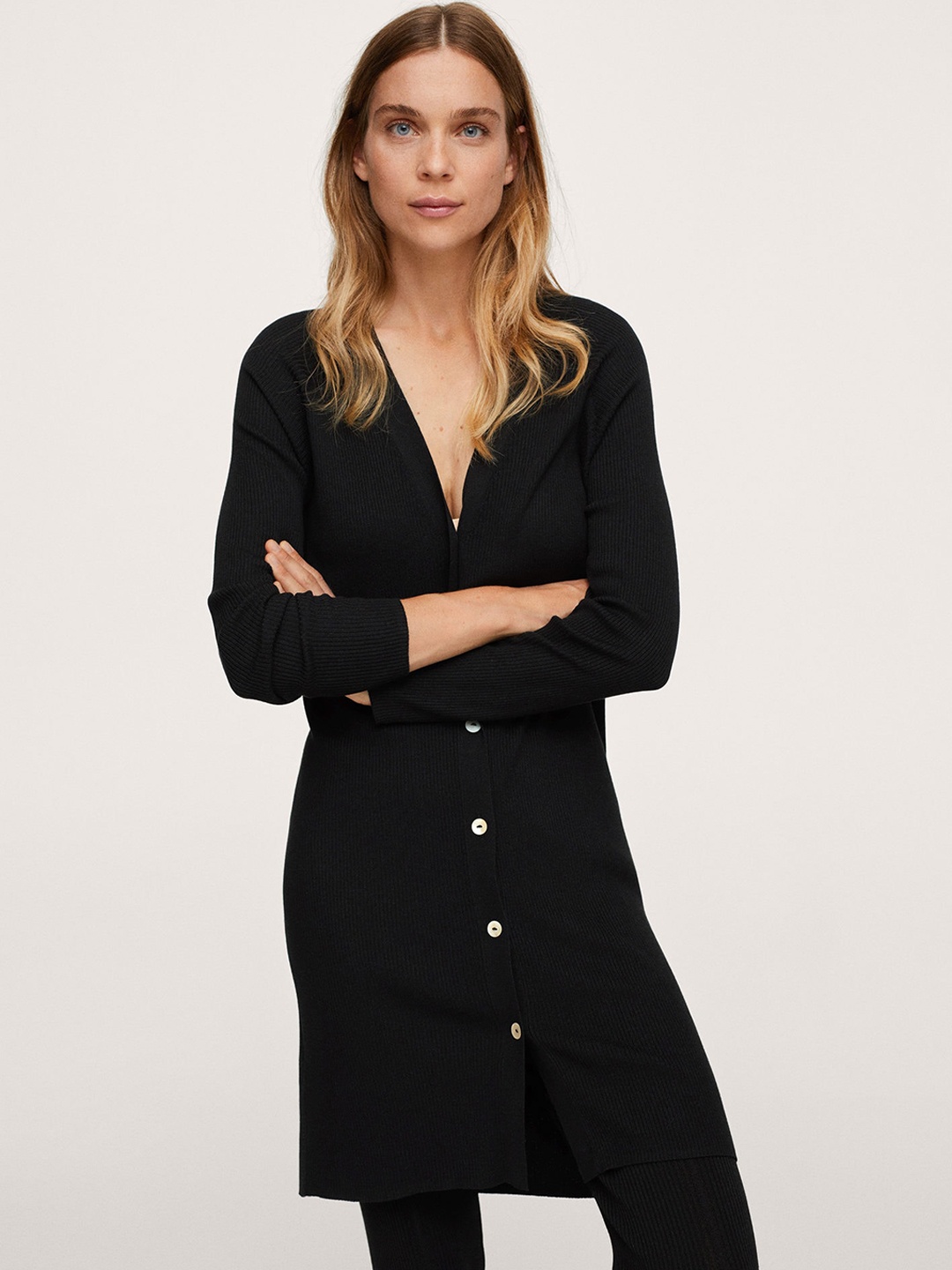 

MANGO Women Black Ribbed Longline Cardigan