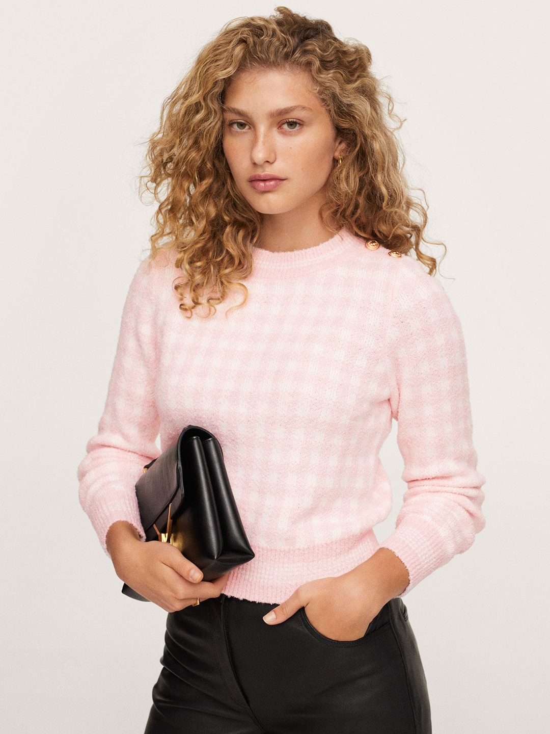

MANGO Women Pink & White Checked Pullover Sweater
