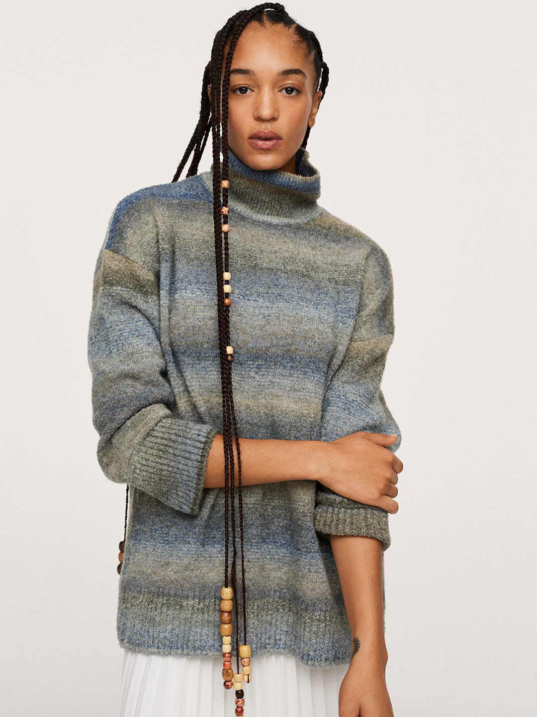

MANGO Women Grey & Green Striped Turtle Neck Pullover