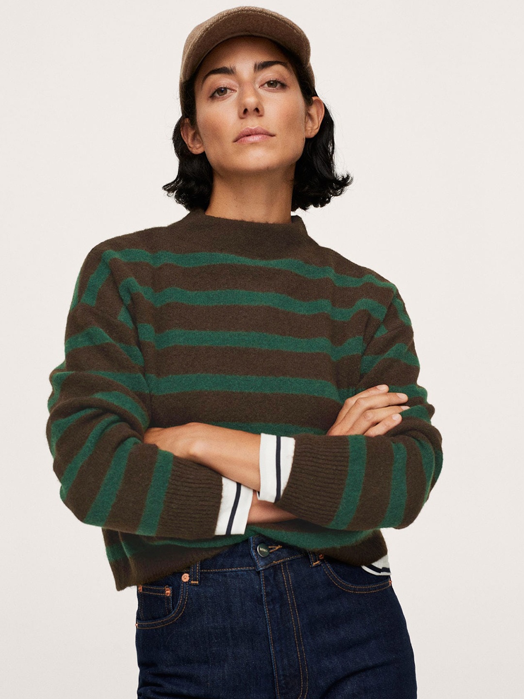 

MANGO Women Charcoal Grey & Green Striped Pullover Sweater