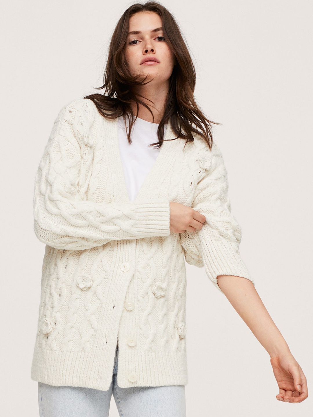 

MANGO Women Off-White Cable Knit Cardigan