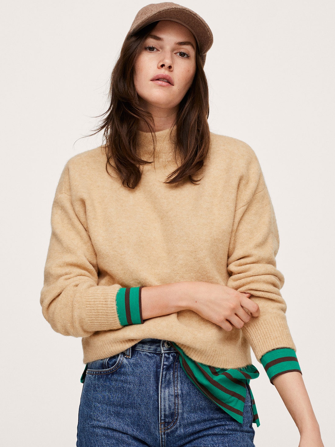 

MANGO Women Beige Solid High-Neck Pullover