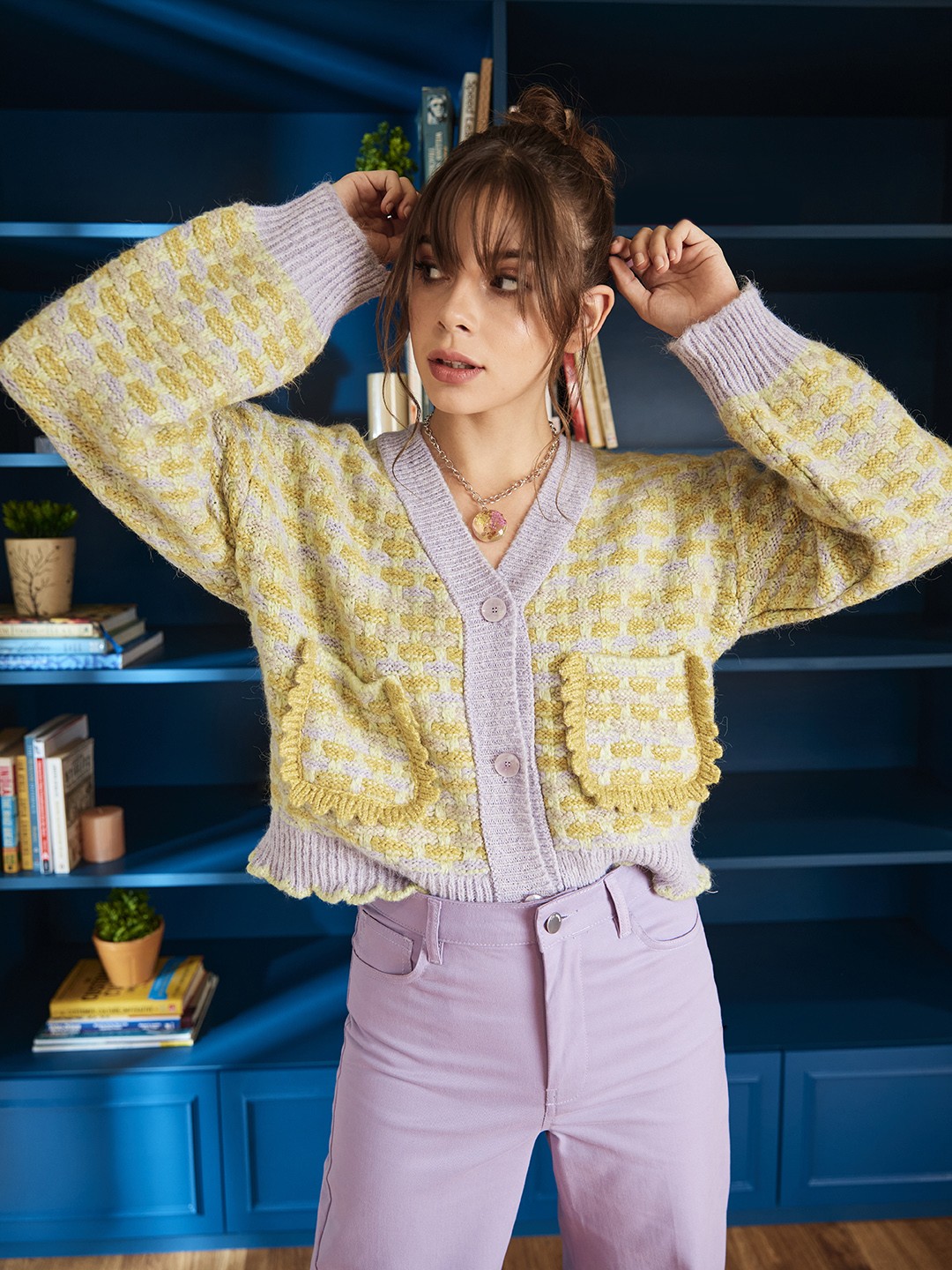 

MANGO Women Purple & Yellow Woven Design Cardigan