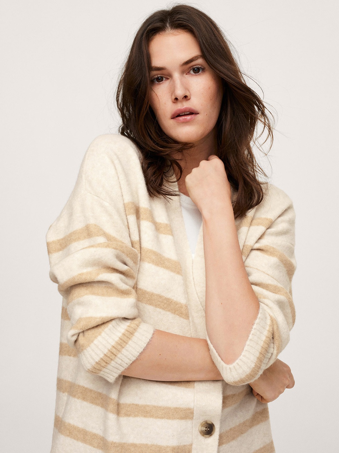 

MANGO Women Off White & Beige Striped Cardigan