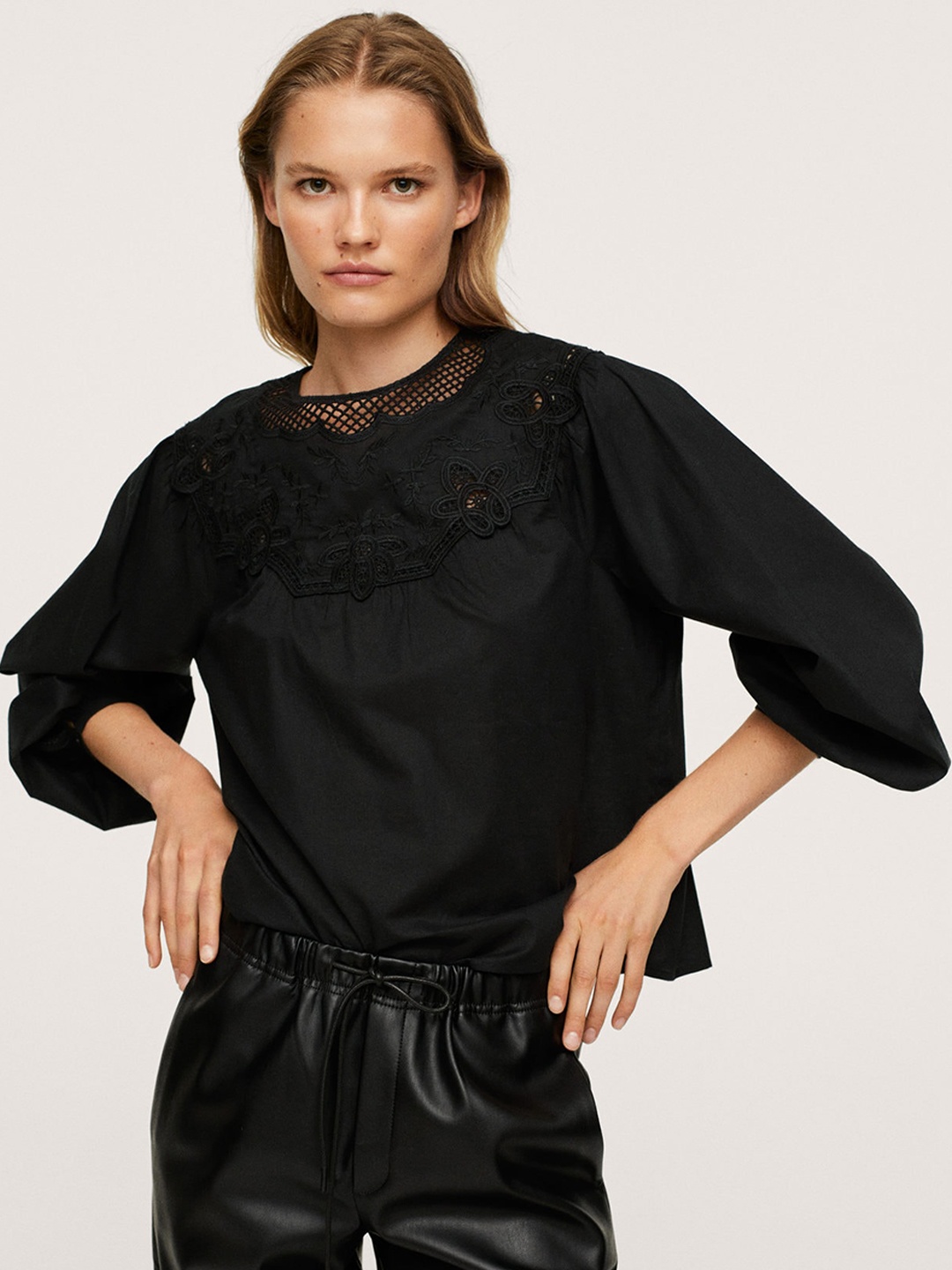 

MANGO Black Solid Pure Cotton Regular Top