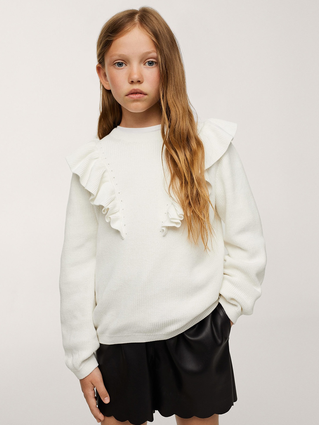

Mango Kids Girls White Pure Cotton Ruffled Pullover