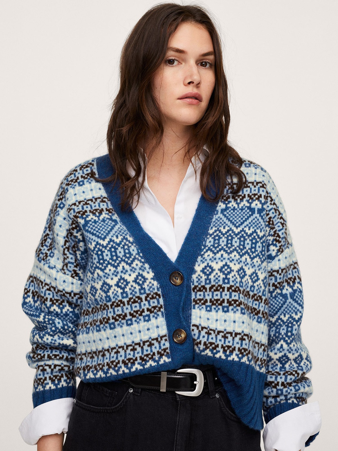 

MANGO Women Blue & White Geometric Printed Cardigan