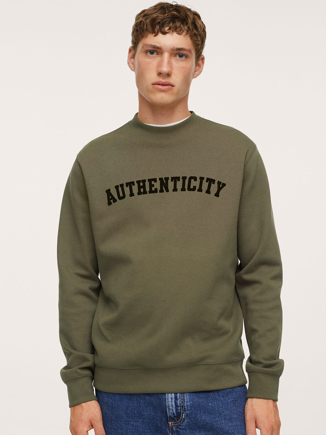 

MANGO MAN Olive Green & Black Flocked Print Sweatshirt