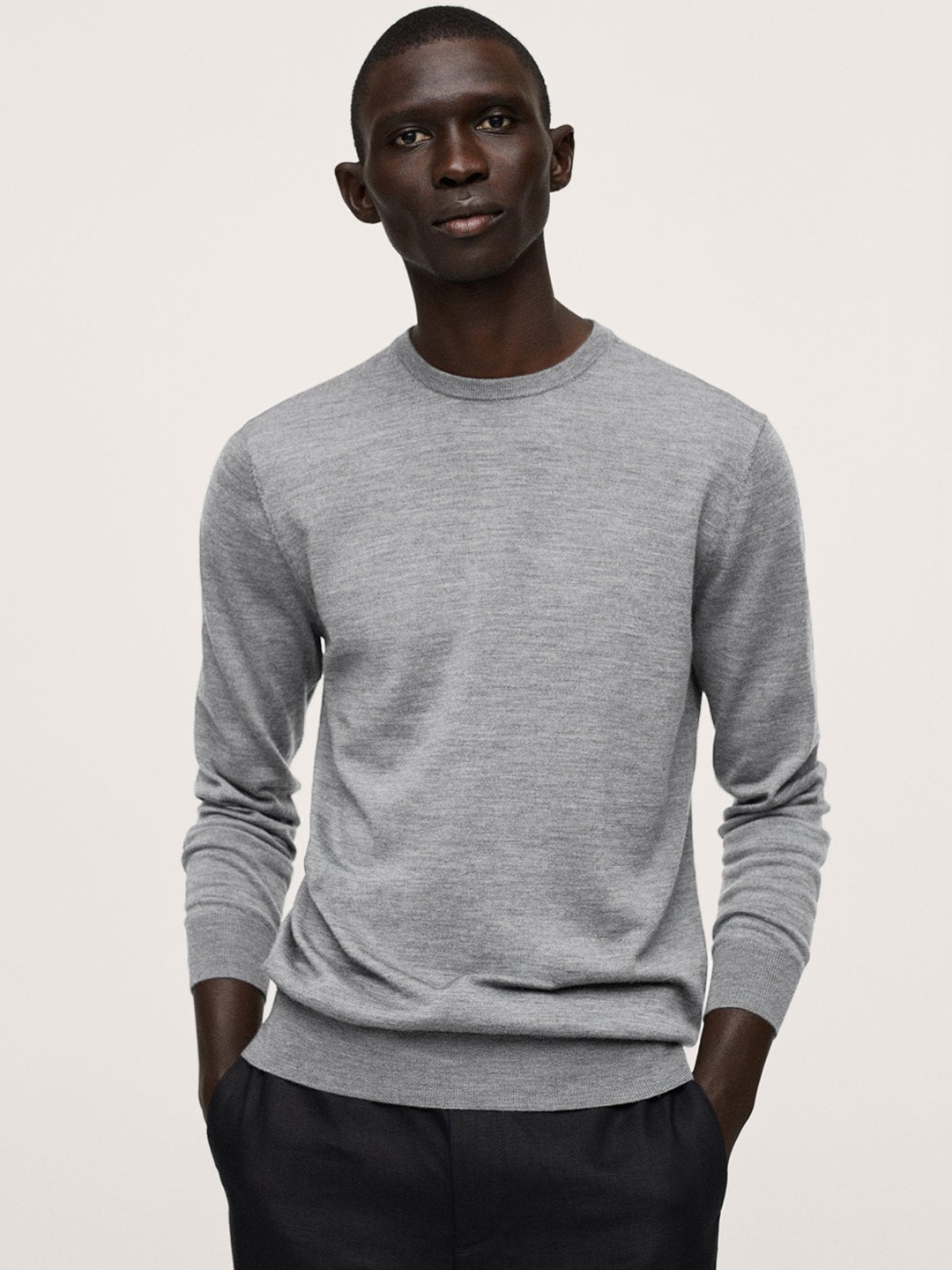 

MANGO MAN Grey Melange Solid Pullover