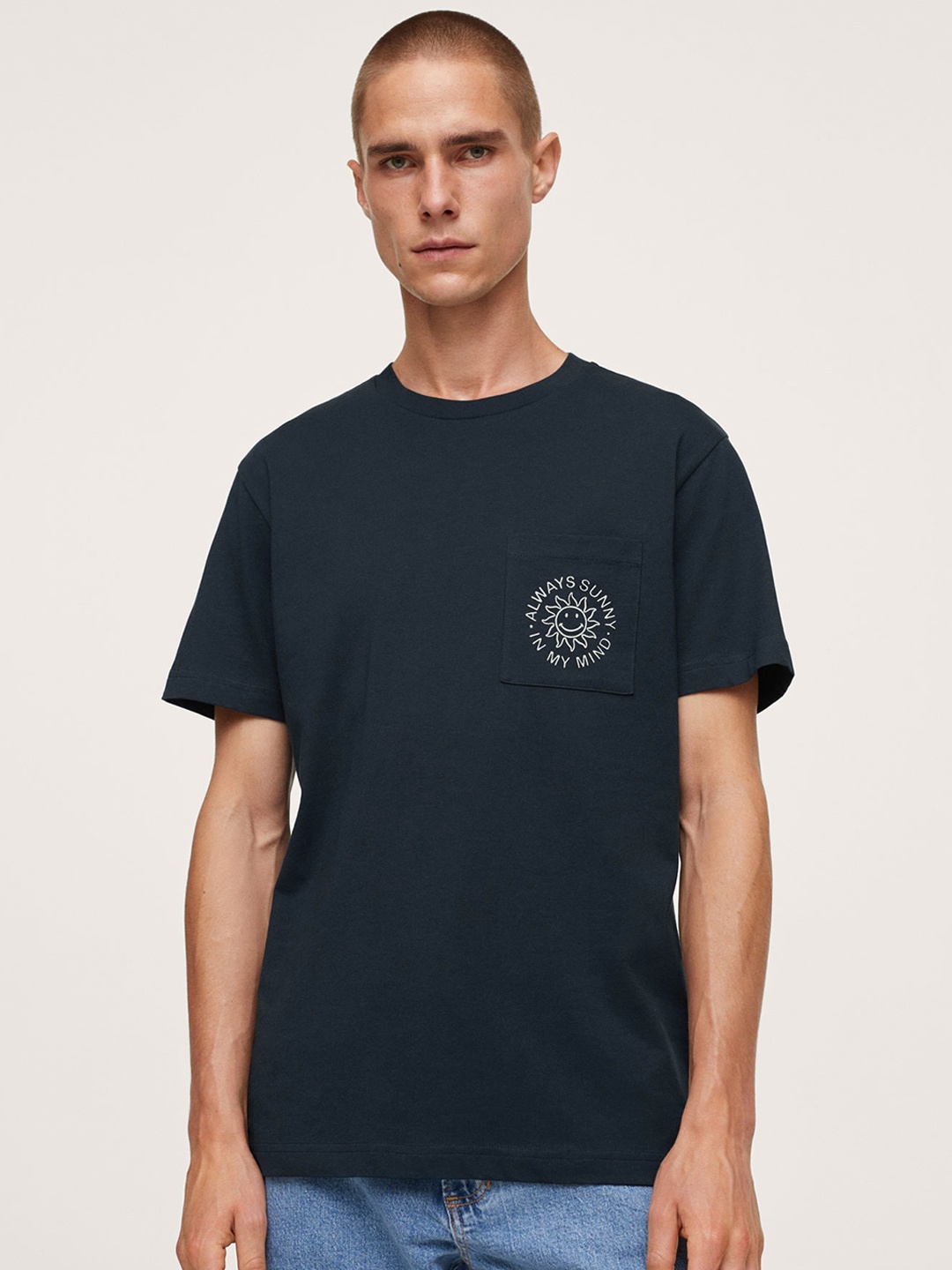 

MANGO MAN Men Navy Blue Solid Pure Cotton T-shirt with Chest Pocket