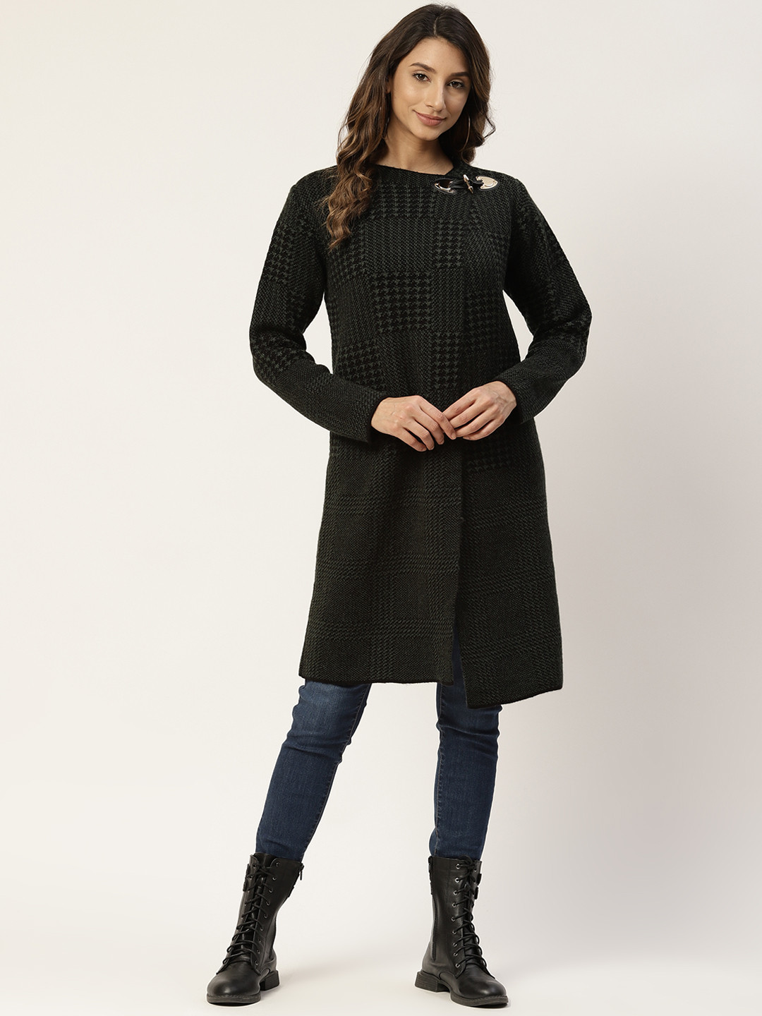 

Madame Women Green & Black Checked Longline Front-Open Sweater