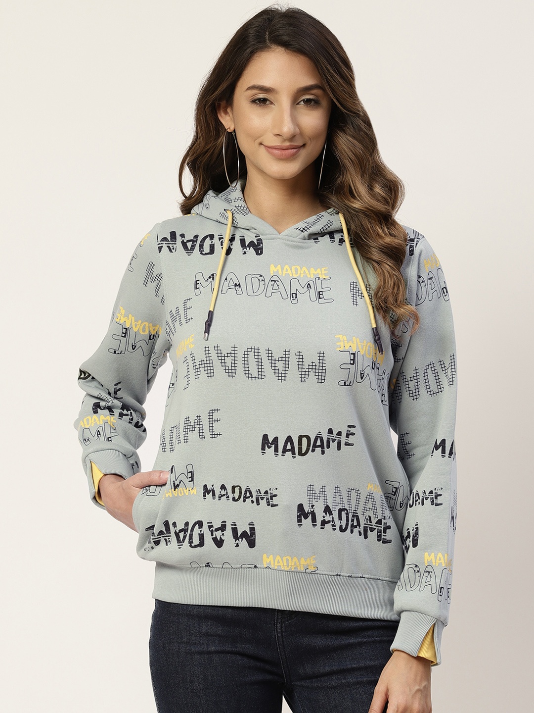 

Madame Women Green Printed Hooded Pure Cotton Sweatshirt