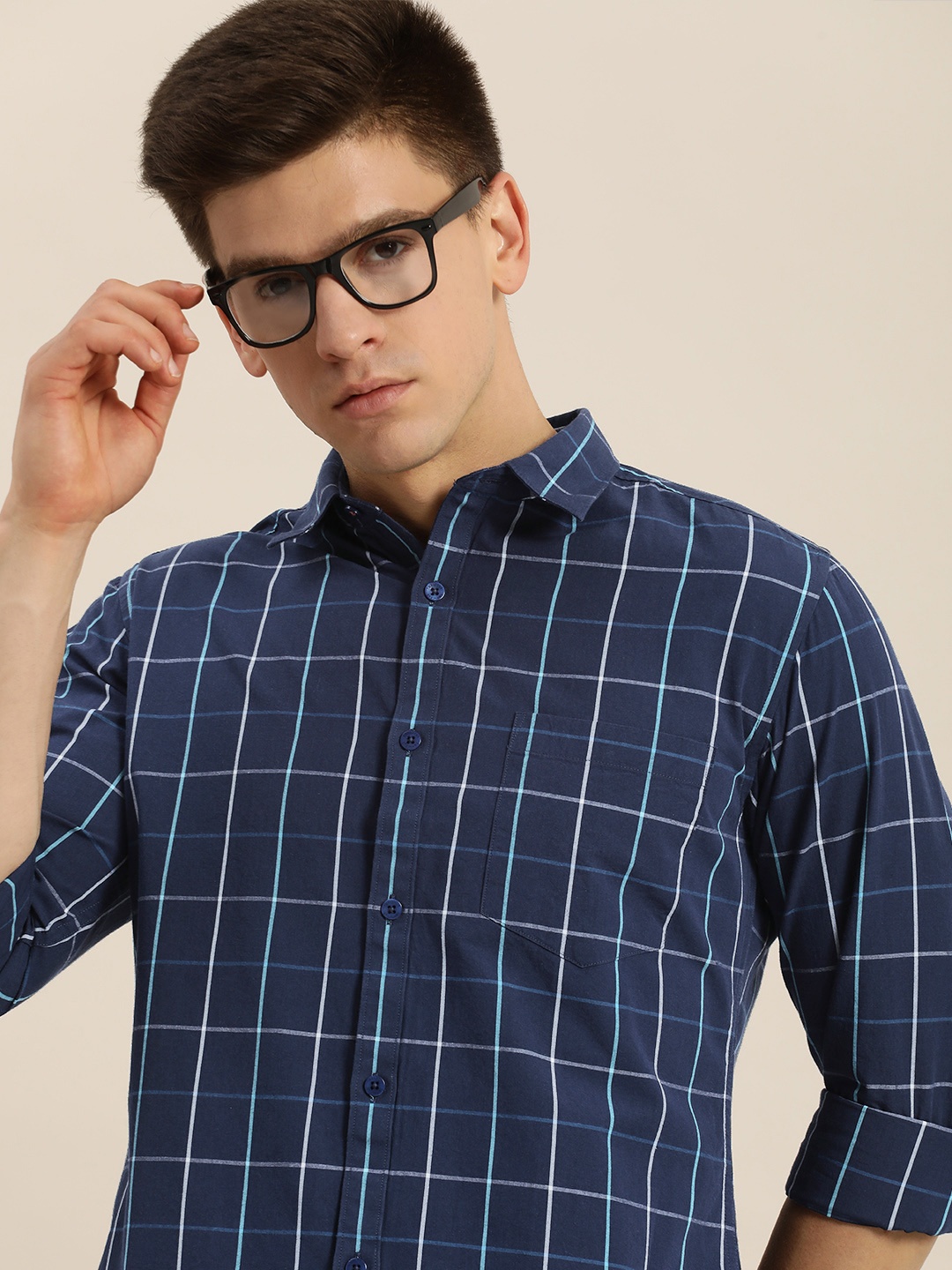 

INVICTUS Men Blue Slim Fit Windowpane Checked Pure Cotton Casual Shirt