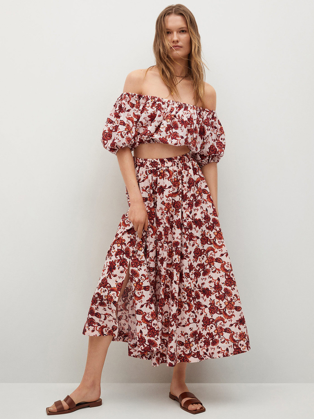 

MANGO Women Cream-Coloured & Orange Pure Cotton Floral Print Midi Skirt