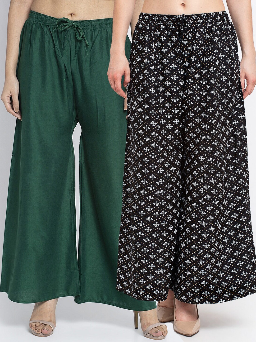 

GRACIT Women Pack of 2 Green & Black Ethnic Motifs Printed Flared Knitted Ethnic Palazzos
