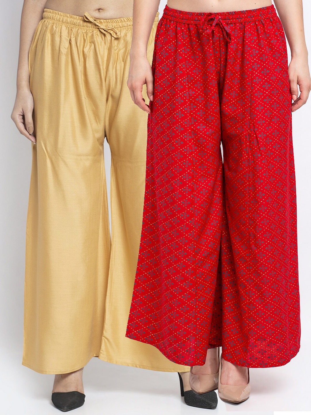 

GRACIT Women Pack Of 2 Beige & Red Floral Printed Flared Knitted Ethnic Palazzos