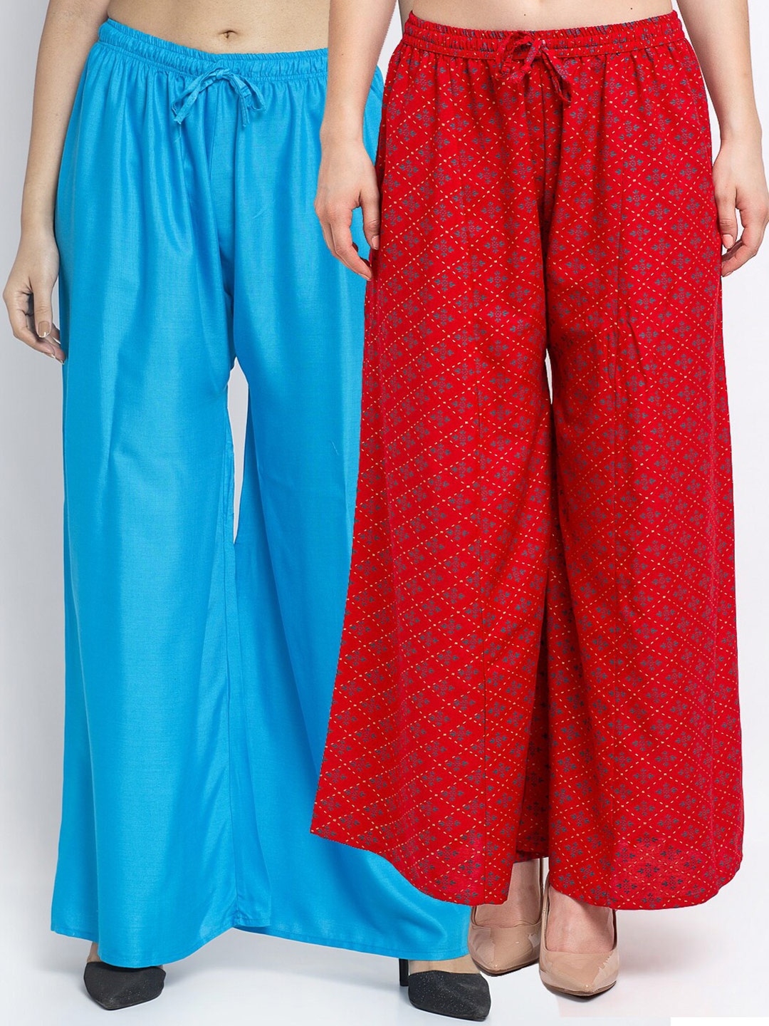 

GRACIT Women Pack Of 2 Blue & Red Floral Printed Flared Knitted Ethnic Palazzos
