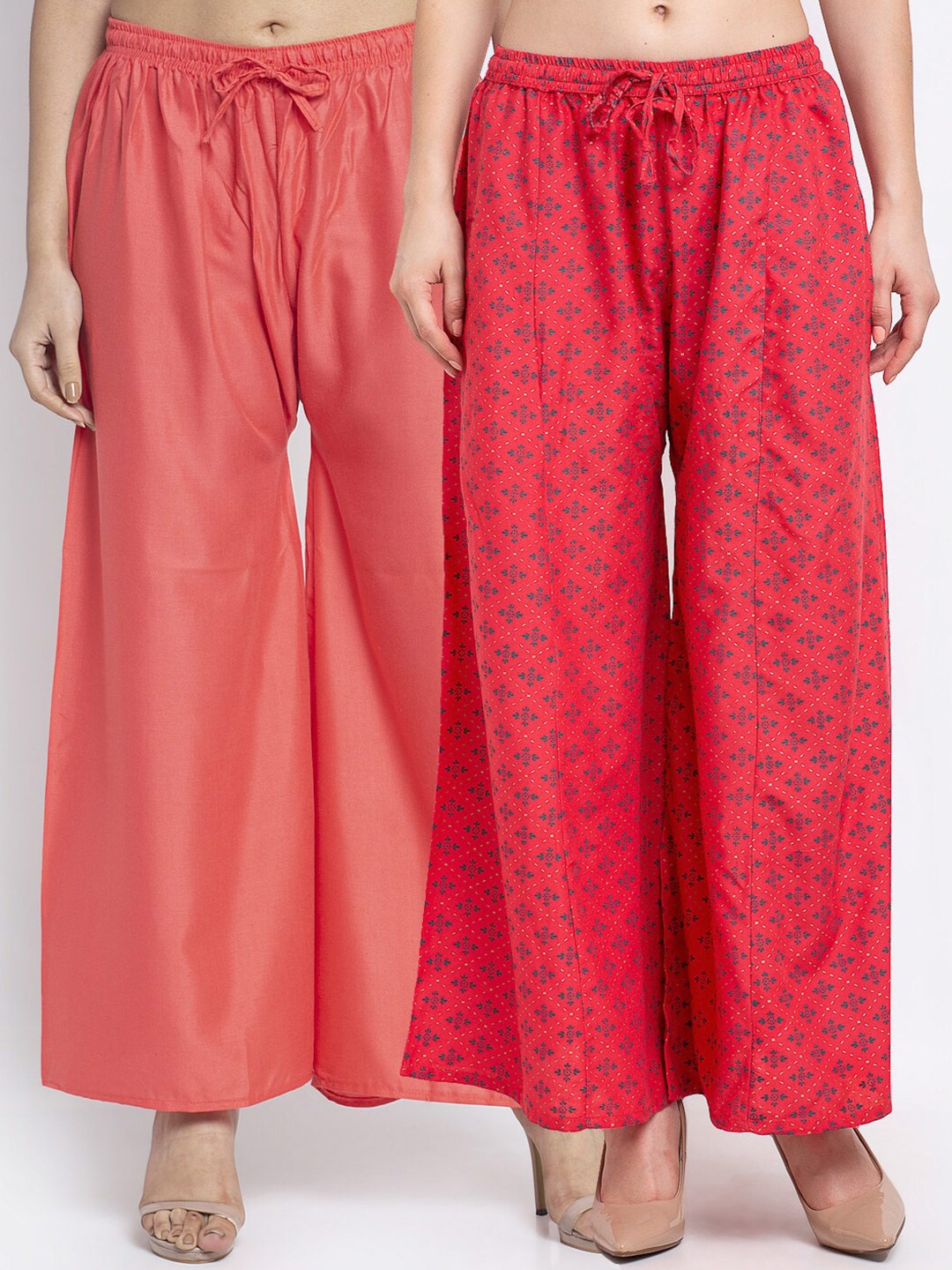 

GRACIT Set-2 Women Coral & Red Floral Printed Flared Knitted Ethnic Palazzos