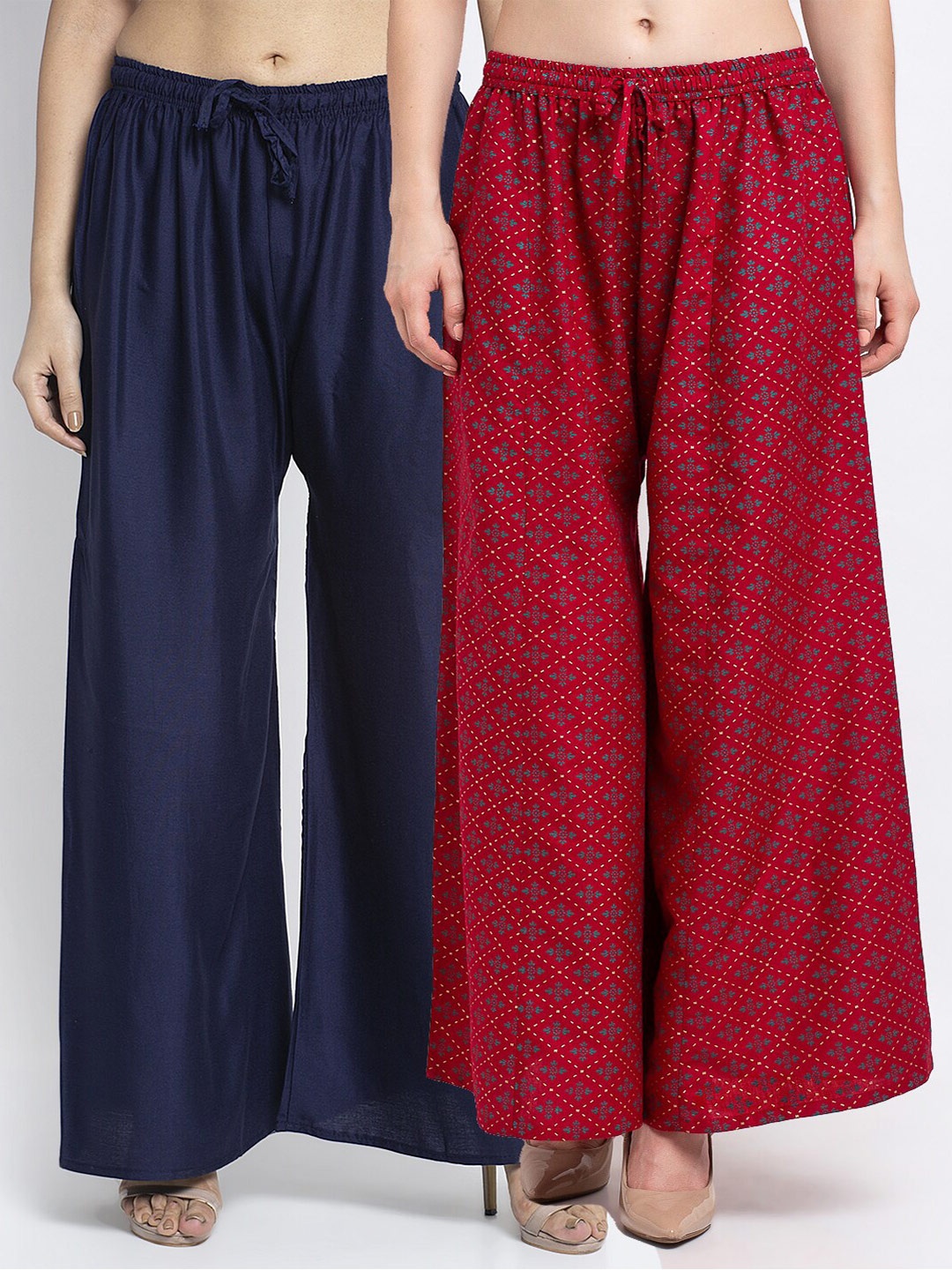 

GRACIT Women Pack of 2 Flared Knitted Ethnic Palazzos, Navy blue
