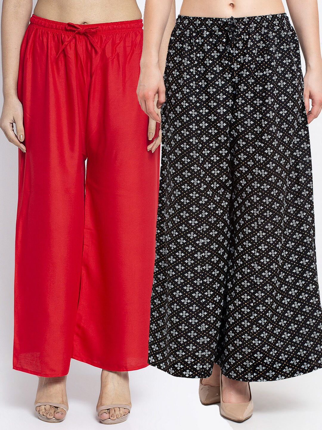 

GRACIT Women Pack Of 2 Red & Black Floral Printed Flared Knitted Ethnic Palazzos